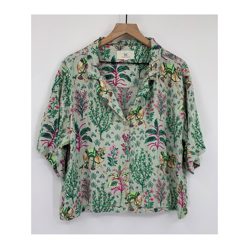 Printfresh Pajama Top Women Medium Tall Green Camel Print Short Sleeve Sleepwear